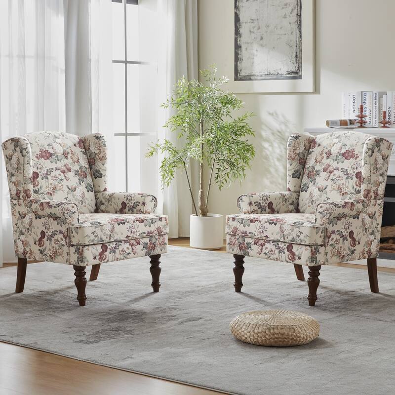 Accent Armchair with Turned Legs Set of 2 Blue/ Beige / Grey
