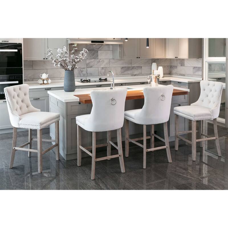 Counter Height Bar Chairs Set of 2, Upholstered Kitchen Island Chairs with Wooden Legs, Dining Room Chairs with Wingback