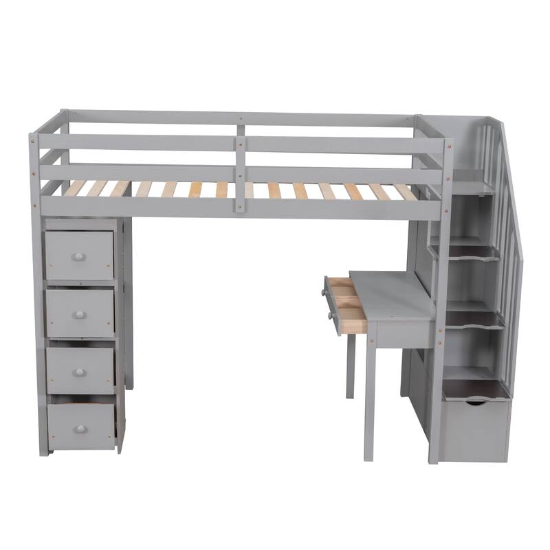 Twin Size Wooden Loft Bed with Storage Drawers, Desk, Stairs, and Shelves - Gray