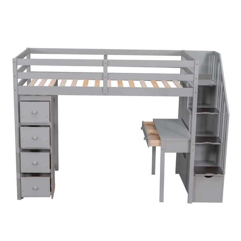 Twin Wooden Loft Bed with Desk and Drawers