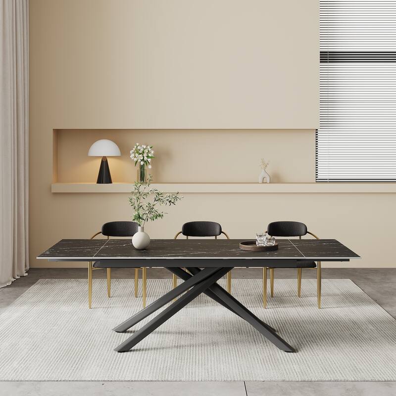 9 - Piece Extendable Sintered Stone Top Cross Legs Dining Set With 8 Fabric Chair