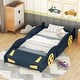 preview thumbnail 10 of 16, Twin Size Race Car-Shaped Platform Bed with Wheels and Storage, Black+Yellow Dark Blue+Yellow