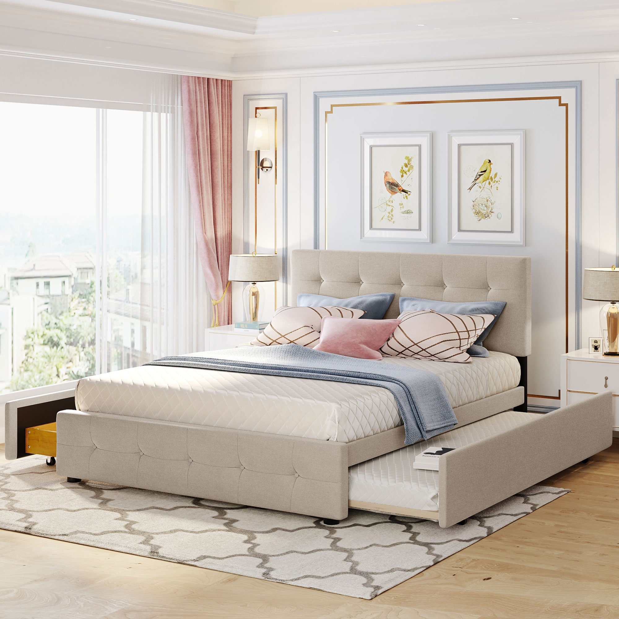 Roomfitters Queen Upholstered Platform Bed with Pull-Out Trundle, Modern Tufted Headboard