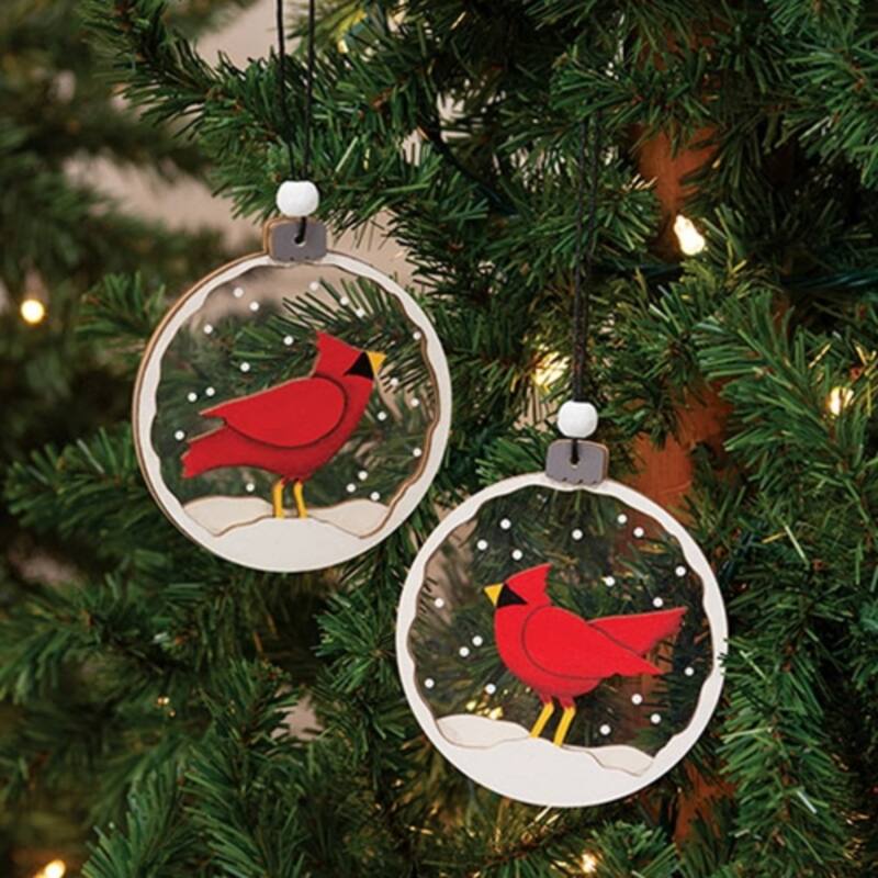 Layered Wood Snowy Cardinal Christmas Ornaments Red Bird Tree Decorations 2 Asstd - 3.5"Dia x .25" D