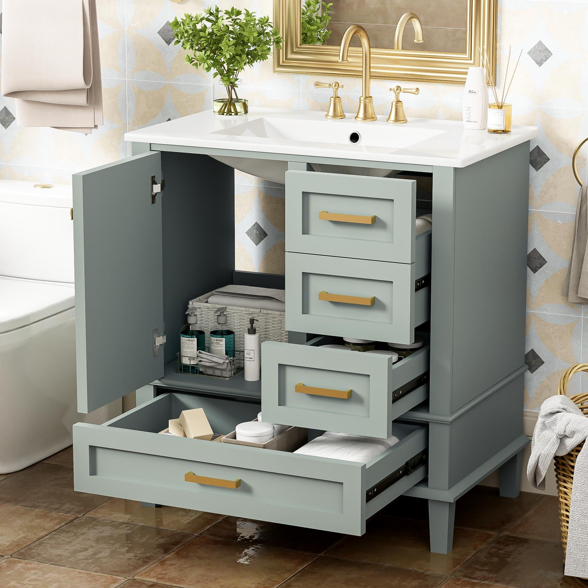 30" Modern Bathroom Vanity Set - Ceramic Sink, 3 Soft-Close Drawers, Solid Wood