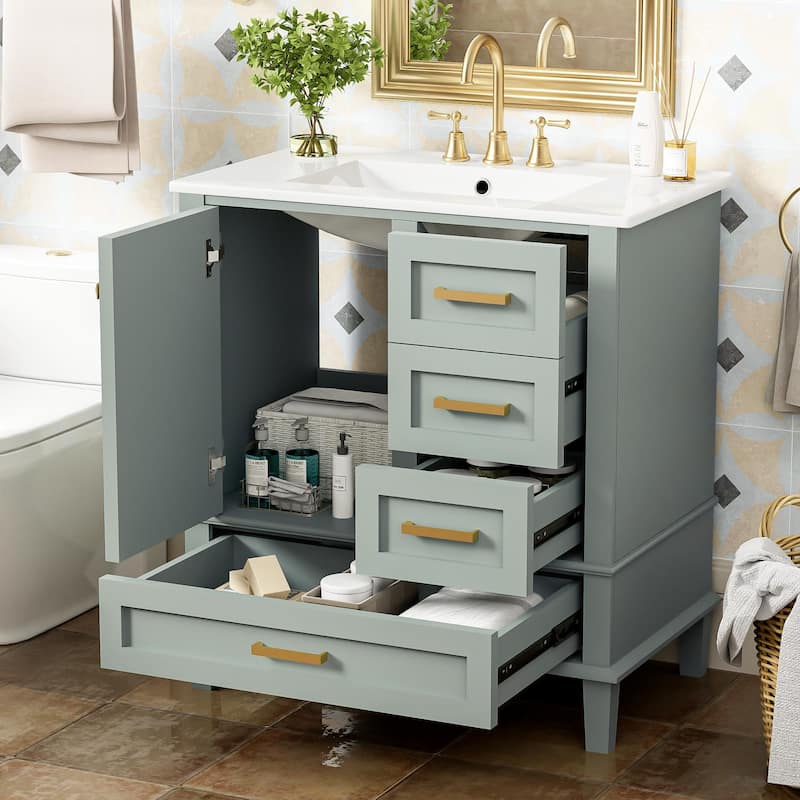 Modern Bathroom Vanity, 30" Freestanding Cabinet with Sink, Bathroom Storage Cabinet with Soft Closing Door and 3 Drawers