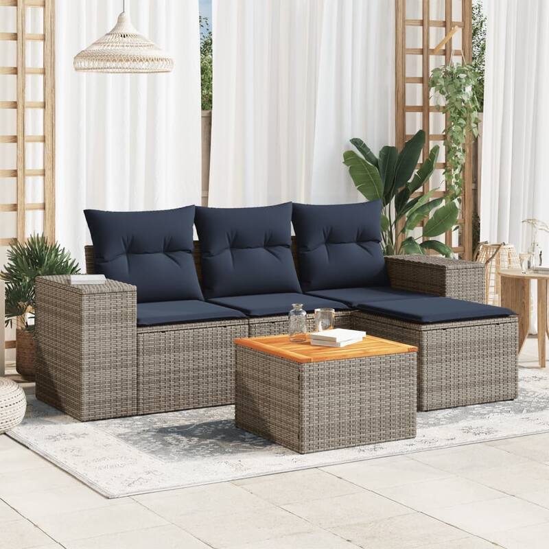 vidaXL Patio Sofa Set with Cushions Outdoor Furniture 5 Piece Poly Rattan - 21.7x 24.4x 27.2