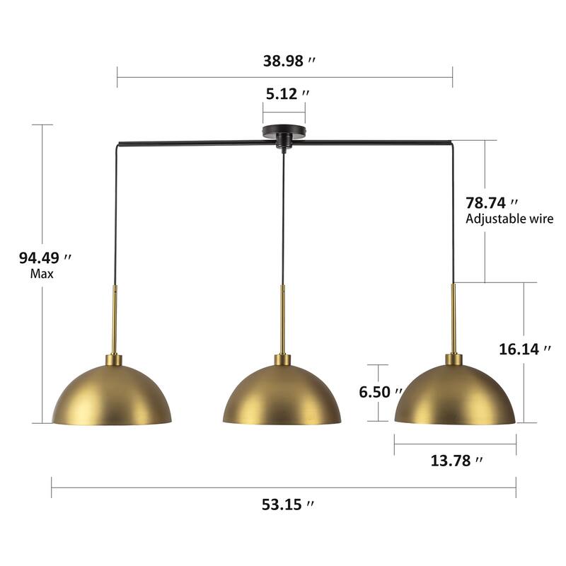 3-Light Modern Linear Chandelier Brass Cluster Dome Kitchen Island Light - W53.2"
