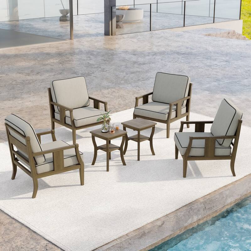 6-Piece Outdoor Teak Seating Set Armchair Patio Conversation Sets with 2 Tables, Cushion