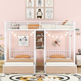 White Metal Full-Twin-Twin Triple Bunk Bed w/ Drawers & Desk Unisex
