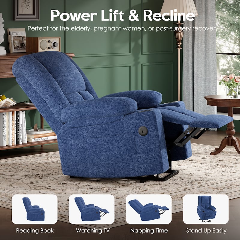 Power Lift Recliner Chair, Lounge Chaise Chair with Heat Functions, Massage Chair with USB Ports & Cup Holders