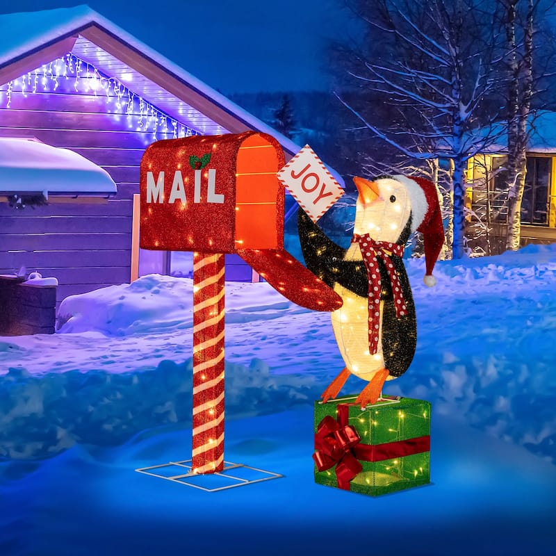 Gymax Lighted Christmas Decoration Mailbox & Penguin w/160 LED Lights - Red