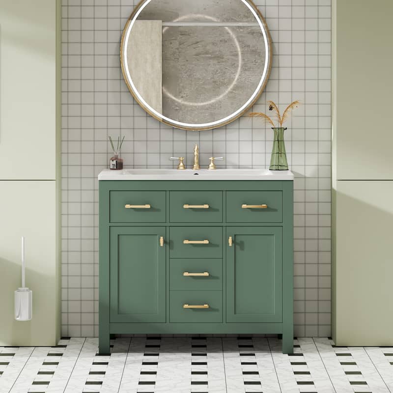 Roomfitters 36" Vanity with Ceramic Sink, Solid Wood Freestanding Cabinet with 4 Drawers and 2 Doors, Storage Unit for Bathroom