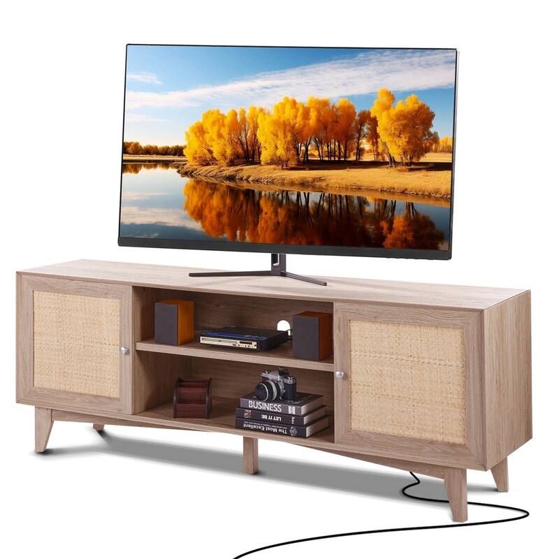 Rattan TV Stand for 75" TV Boho TV Stand with Build-in Socket Oak - 65 inches