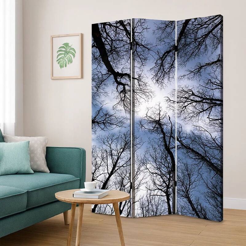 3 Panel Foldable Canvas Screen with Tree Print, Black - 6 x 12