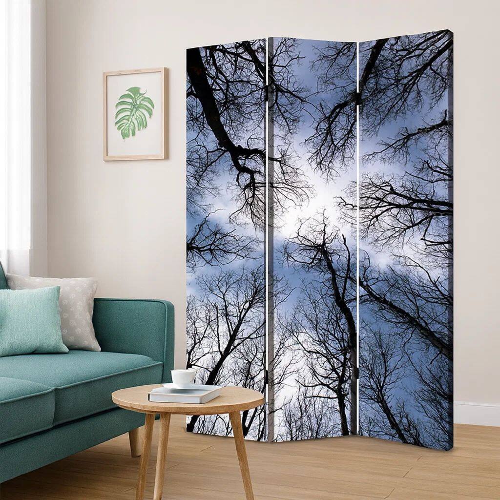 3 Panel Foldable Canvas Screen with Tree Print, Black - 6 x 12