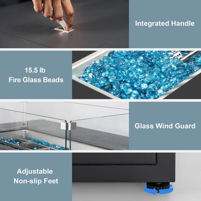 FINCATI 43" Outdoor Aluminum Fire Pit Table, 60,000 BTU Propane & Natural Gas Patio Fireplace with Wind Guard & Glass Rocks
