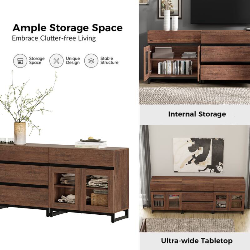 WAMPAT 3 in 1 Multifunctional Dresser with Glass Doors and 5 Drawers, Modern Chest of Drawers for Bedroom