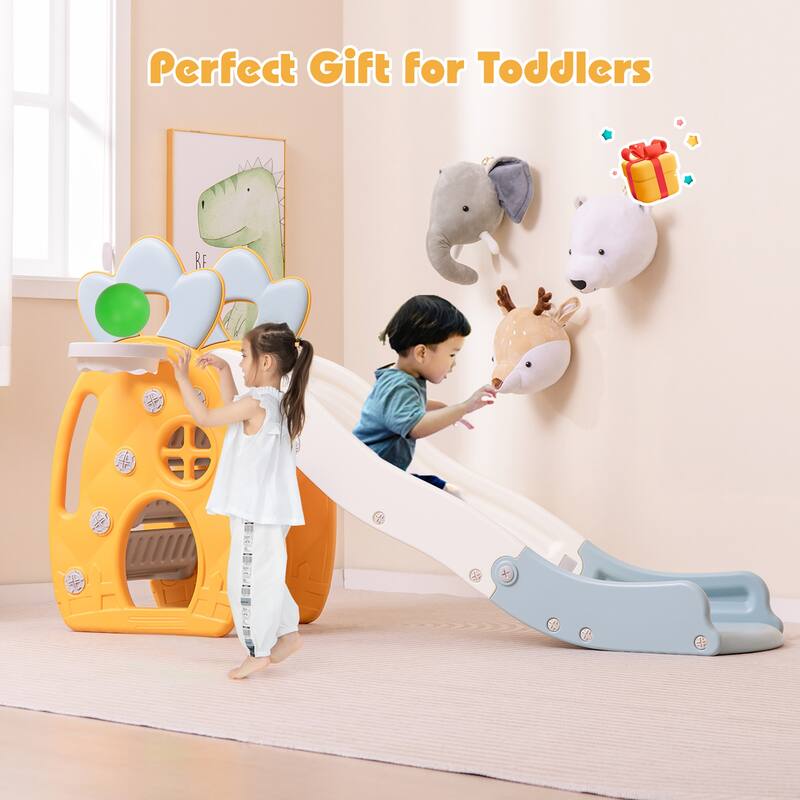 Gymax Indoor Foldable Kids Slide w/ Climber Basketball Hoop & Ball