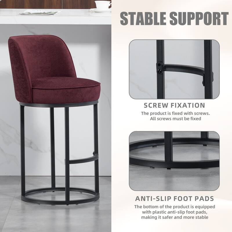 Counter Height Bar Stools Set of 2, Modern Barrel Counter Stools with Backrest, Linen Fabric Upholstered Accent Bar Stools