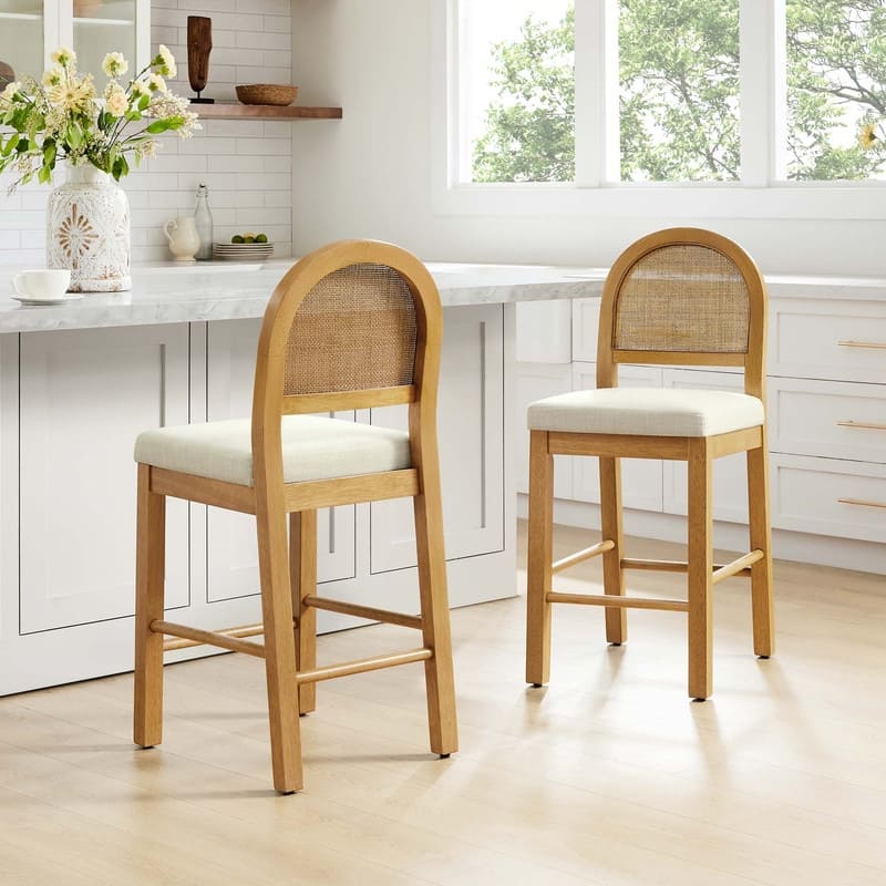 Spruce & Spring Esme Boho Upholstered Rattan Counter Bar Stool with Wood Frame