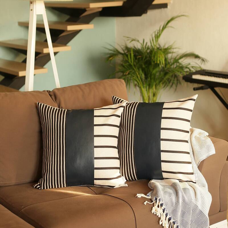 Bohemian Striped Vegan Faux Leather Throw Pillow Covers Set of 2