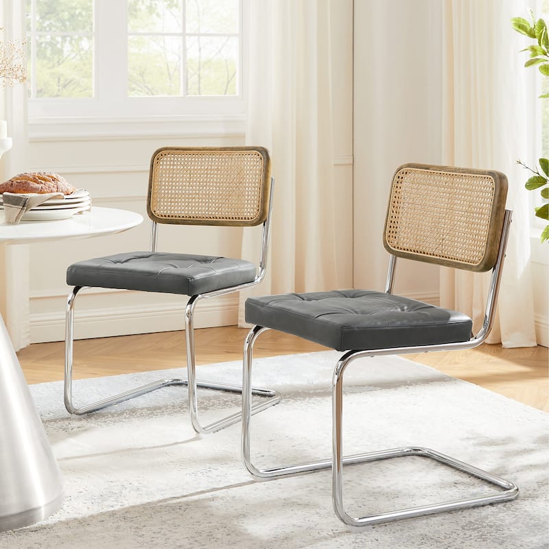 Art Leon Accent Dining Chair with Cane Backrest (Set of 2) - Grey PU Leather Chairs