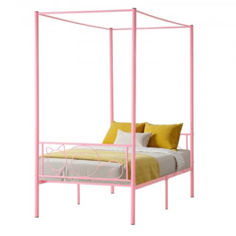 Pink Twin Canopy Bed Frame Metal Sturdy Four-Post Design with Under-Bed Storage Space
