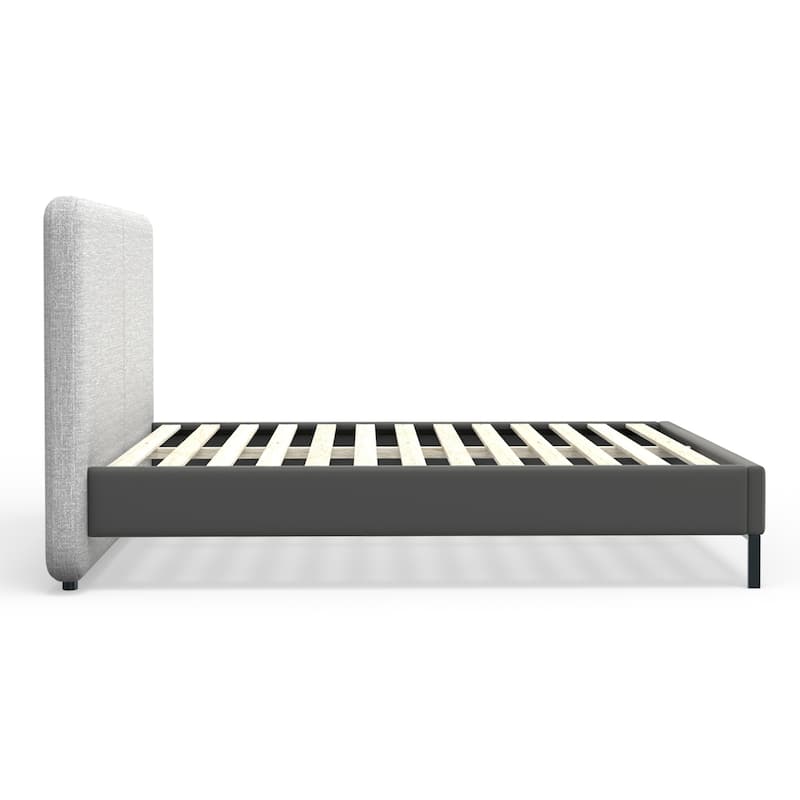 Modern Platform Bed - Grey Linen Headboard & Faux Leather Footboard - Metal Leg Bed Frame - 74" Wide