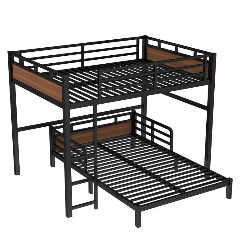 Full over Full Metal Bunk Bed with Security Fence, Walnut, Separable, Space-Saving Design