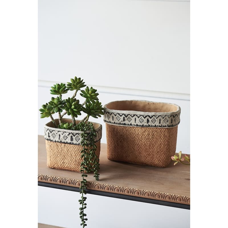 Set of 2 Rectangular Basket Planters with Geometric Trim, L:10.5x8.5x8" S:7.5x5.5x6.5"