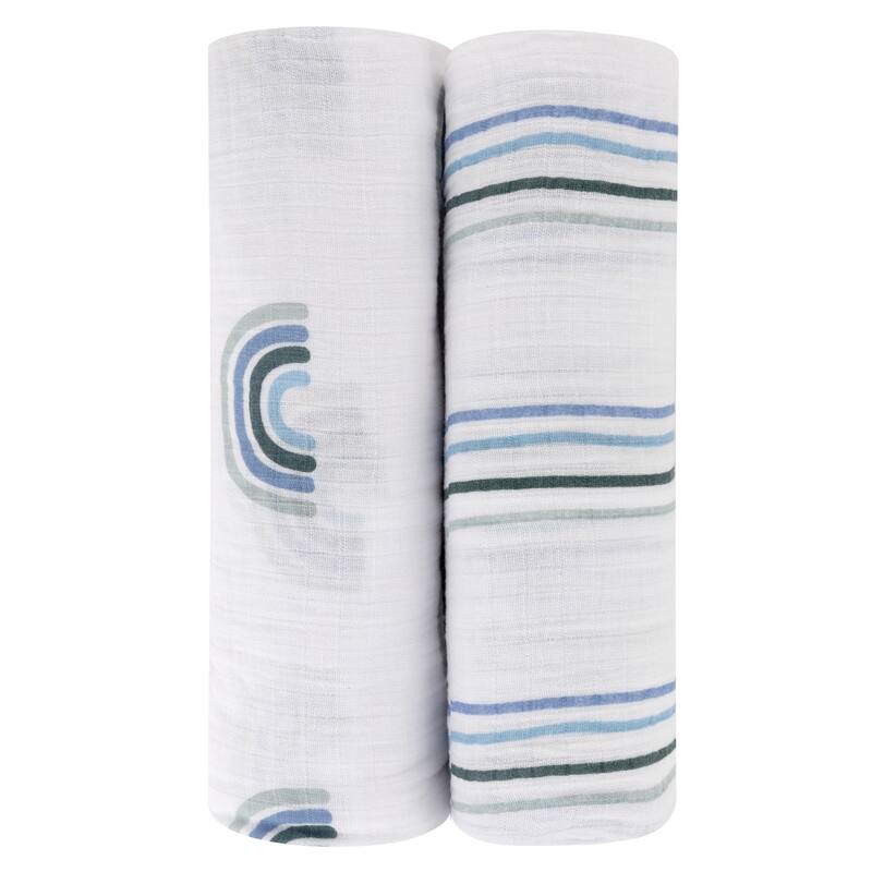 Ely's & Co. Cotton Muslin Swaddle Blanket - 2 Pack - 42"x42" - 0-24 months - Blue Rainbow/Stripes