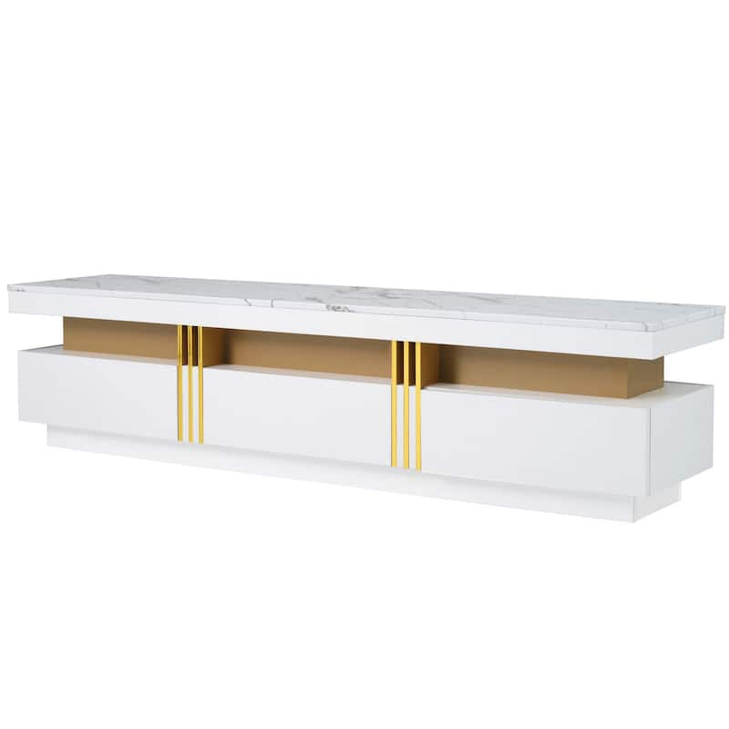 Luxury TV Stand with High Gloss Faux Marble Top for TVs Up to 78'', Rectangle Media Console with Golden Panel.