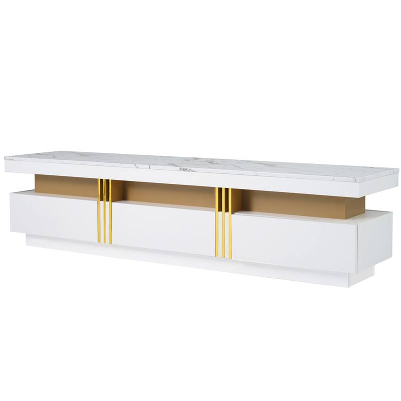 TV Stand with Faux Marble Tabletop, Rectangle Entertainment Center, Media Console Table with 3 Drawers & Golden Panel Design
