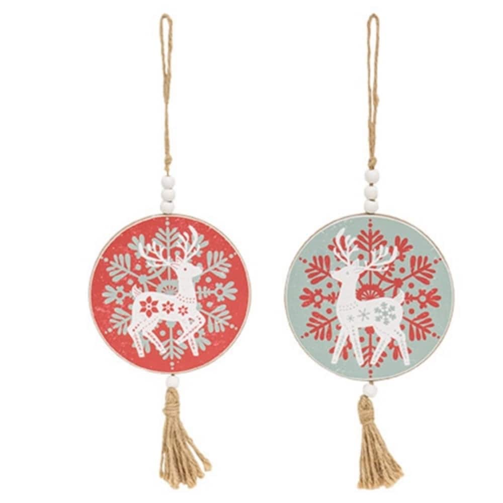 Nordic Wooden Reindeer Ornaments with Beads and Jute Hanger - 2 Asstd. - 4.5” in diameter by .25” deep