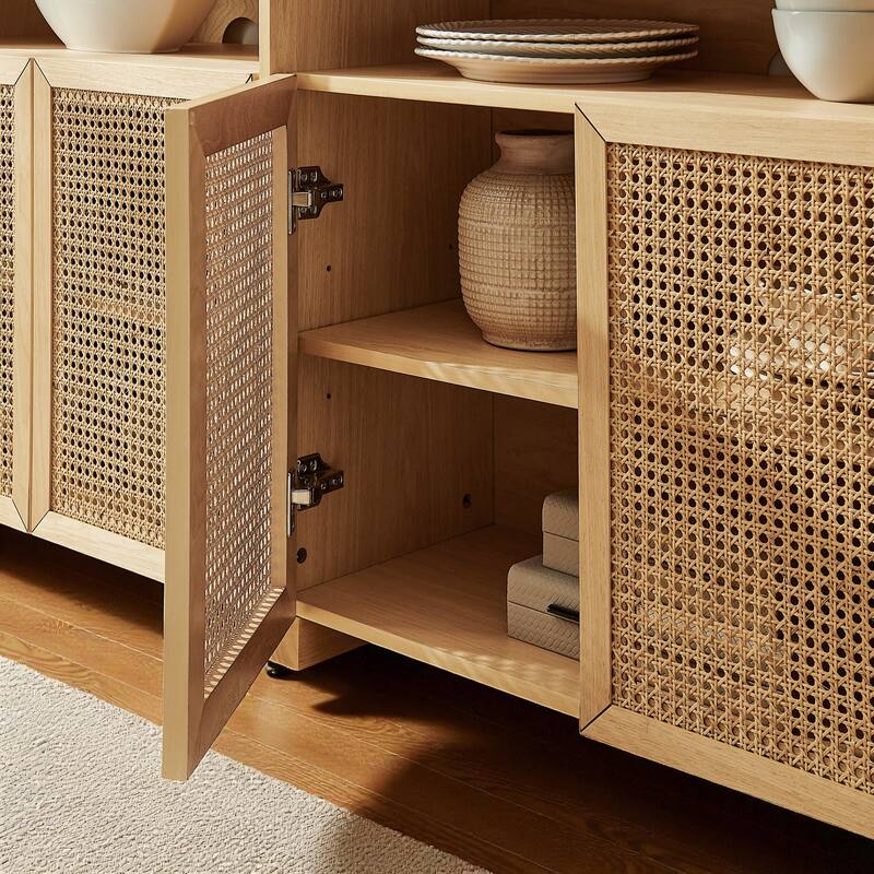 63" Mid-Century Modern Rattan Sideboard Buffet Cabinet with Adjustable Shelves, Storage Credenza for Living Room
