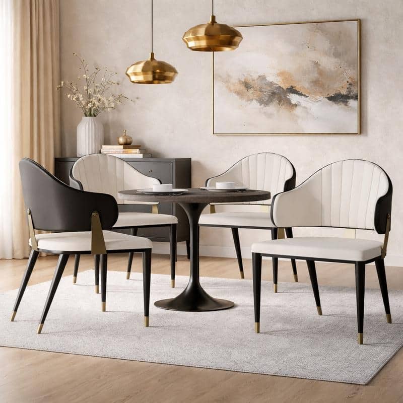 Verve Series 5-Piece Dining Set with 36" Round Resin Tabletop and 4 Black Leather Dining Chairs for Kitchen and Dining Room