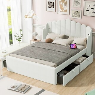Vertical Wingback Bed Upholstered Frame with 4 Drawers, 2 USB - Bed ...
