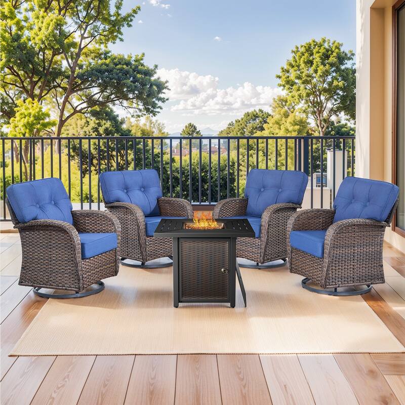 Pocassy Outdoor 30 In Fire Table with Sofa Patio Swivel Chair Set - Brown Wicker Blue Cushion - 4-Piece Swivel Chair with Fire Pit Table