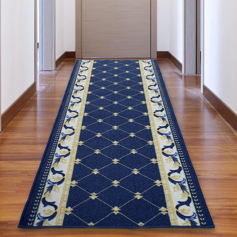 Custom Size French Trellis Design Blue,Brown,Red Color Non-Slip Rubber Backing-26 Inch WidexYour Choice of Length Runner Rug