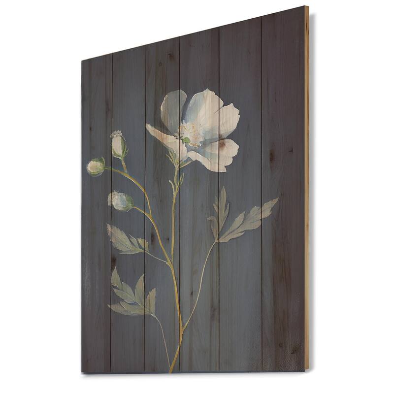 Designart 'Single White Blooming Wildflower On Retro Blue III' Floral Wood Wall Art - Natural Pine Wood