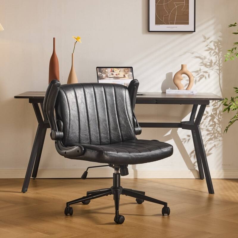 Oil-Waxed Leather Swivel Chair With Flip-Up Armrests