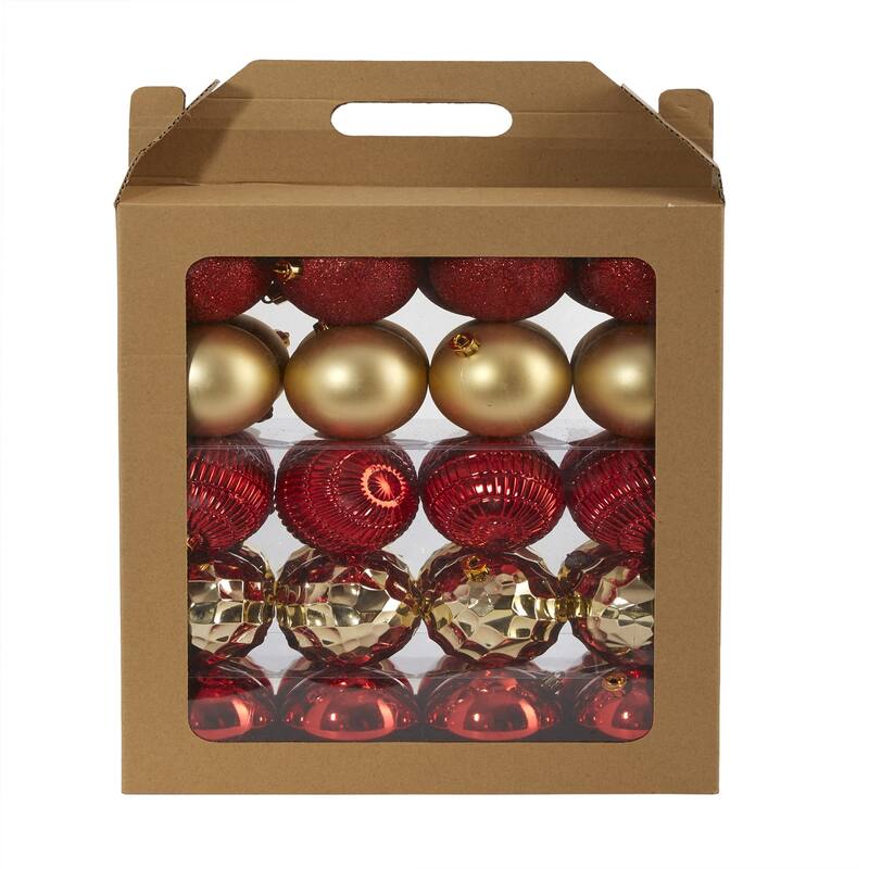 40ct Red and Gold Shatterproof 5-Finish Christmas Ball Ornaments 3" (80mm)