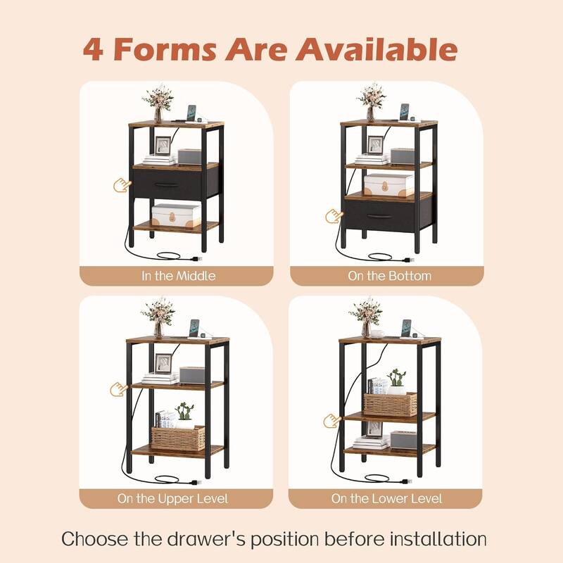 Nightstand Set of 2 Or 1 with Charging Station and USB Ports, Storage End Table with Fabric Drawer, Night Stand for Small Spaces