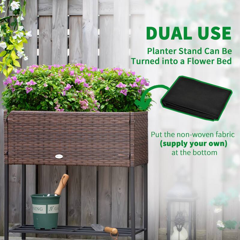Outsunny Indoor/Outdoor Rattan Flower Planter Box with Tool Storage Rack Below and Sturdy Elevated Work Area, 28" H