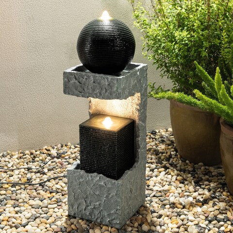 Glitzhome 35"H Outdoor Modern Black/ Grey Geometric LED Fountain