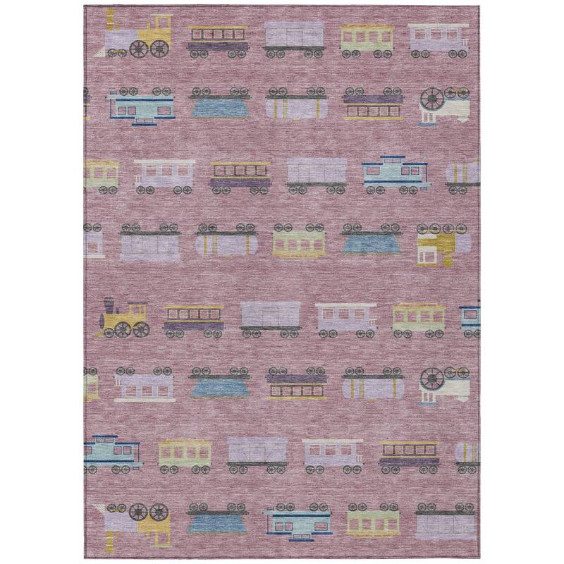 Machine Washable Indoor/ Outdoor Modern Train Chantille Rug