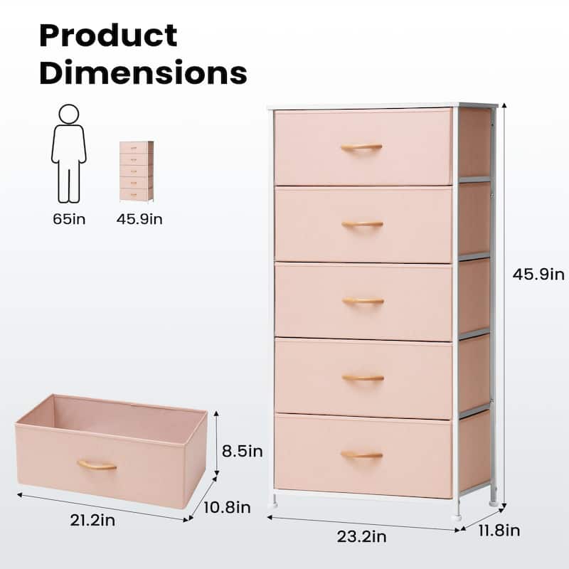 Pellebant Fabric Vertical Dresser Storage Chest Tower with 5 Drawers