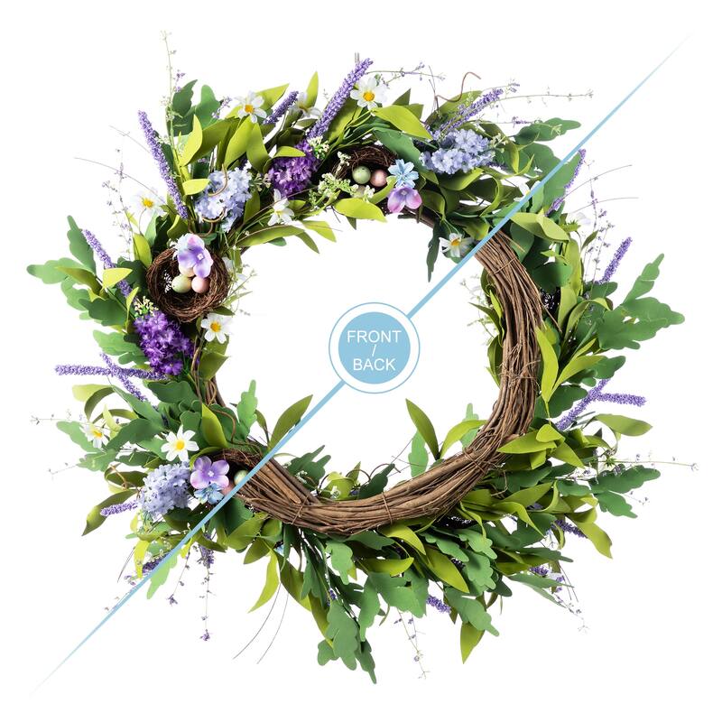 Glitzhome Easter Wreath with Eggs Lavender Bird Nest for Front Door Wall Window Holiday Decoration