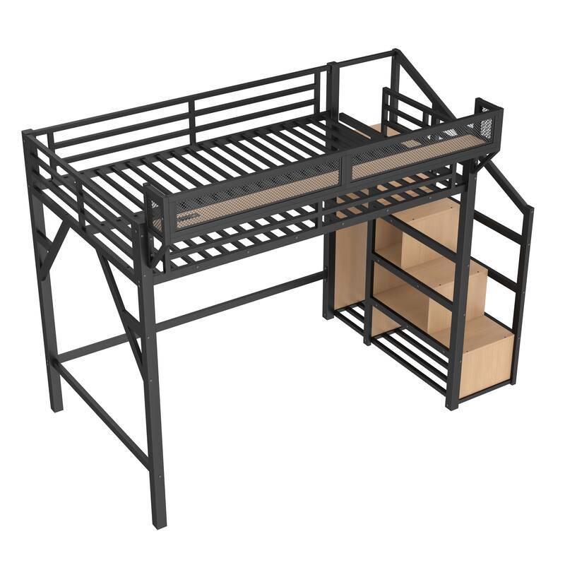 Full-Size Loft Bed with Storage Stairs – Built-In Wardrobe, Shelves & LED Lighting, Includes USB Ports & Noise-Reduced Design